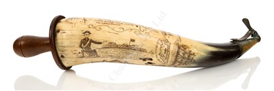Lot 140 - A SCRIMSHAW DECORATED POWDER HORN, PROBABLY 19TH CENTURY