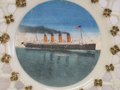 Lot 28 - Cunard: A souvenir glass ribbon plate from R.M.S. Mauretania