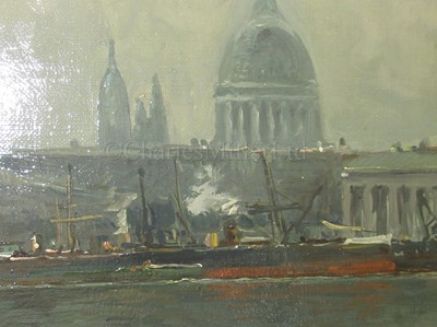 Lot 29 - PAUL VILLARS (FRENCH, 19TH/20TH CENTURY); Shipping in the Pool of London with St Paul's and London Bridge beyond
