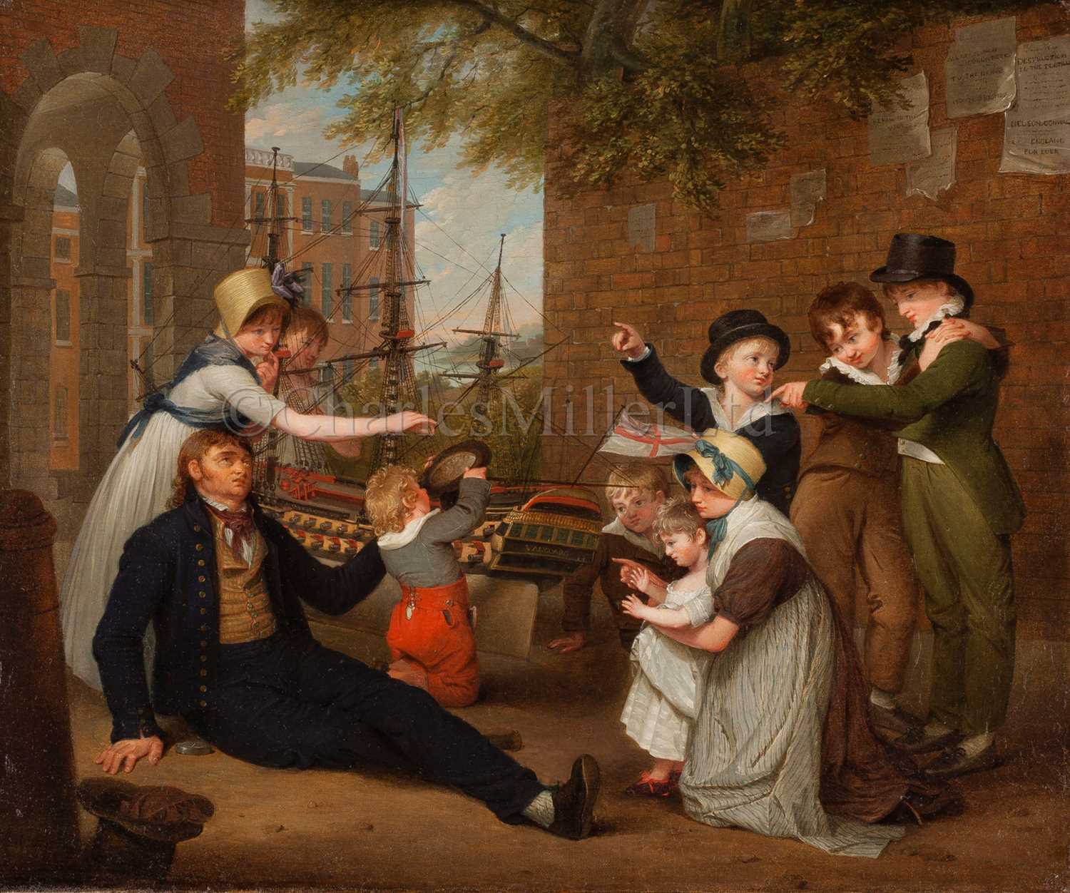 Lot 50 - LAURENCE J. COSSÉ (GERMAN/BRITISH, ACT. 1784-1837): A Battle of the Nile veteran begging with his model of Nelson's flagship, 'Vanguard'