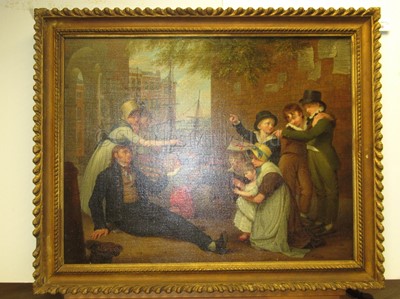 Lot 50 - LAURENCE J. COSSÉ (GERMAN/BRITISH, ACT. 1784-1837): A Battle of the Nile veteran begging with his model of Nelson's flagship, 'Vanguard'