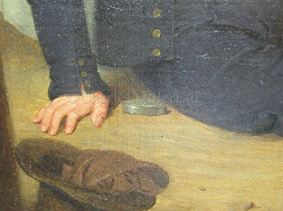 Lot 50 - LAURENCE J. COSSÉ (GERMAN/BRITISH, ACT. 1784-1837): A Battle of the Nile veteran begging with his model of Nelson's flagship, 'Vanguard'