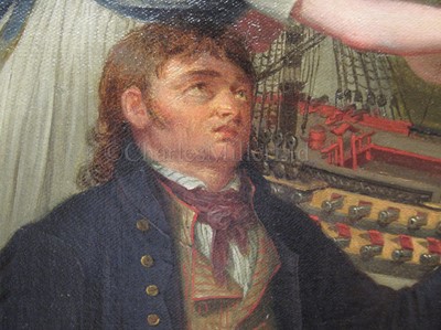 Lot 50 - LAURENCE J. COSSÉ (GERMAN/BRITISH, ACT. 1784-1837): A Battle of the Nile veteran begging with his model of Nelson's flagship, 'Vanguard'