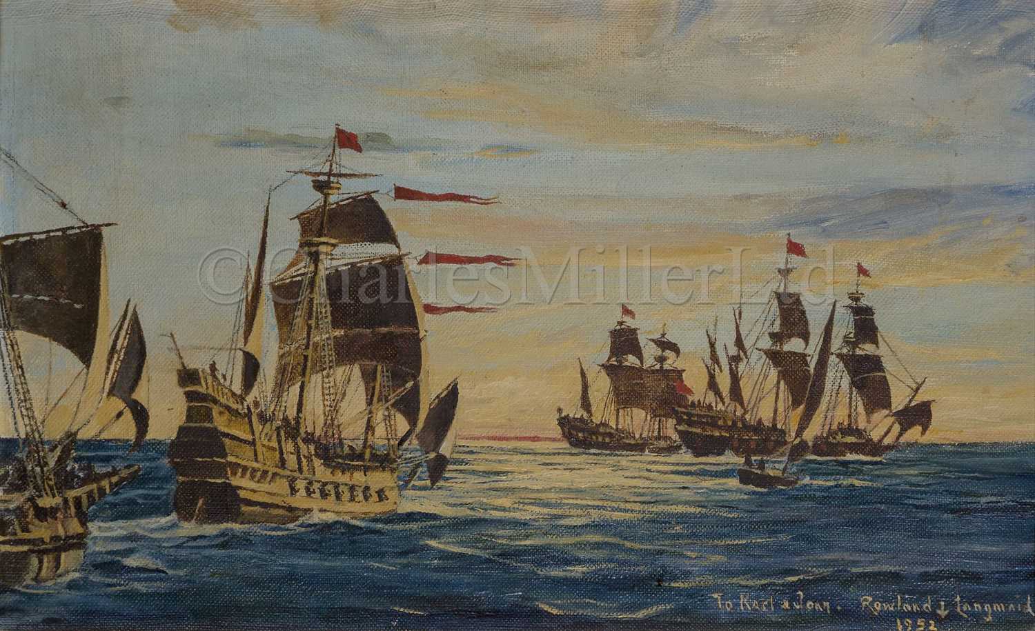 Lot 35 - δ ROWLAND LANGMAID (BRITISH, 1897-1956): British caravelles in the sunset, circa 1588