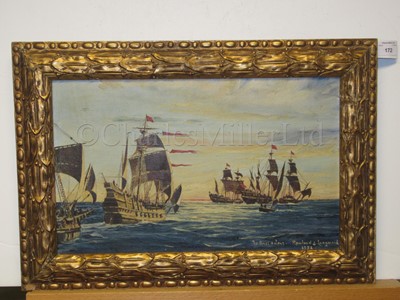 Lot 35 - δ ROWLAND LANGMAID (BRITISH, 1897-1956): British caravelles in the sunset, circa 1588