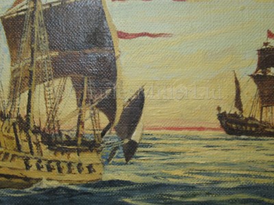 Lot 35 - δ ROWLAND LANGMAID (BRITISH, 1897-1956): British caravelles in the sunset, circa 1588