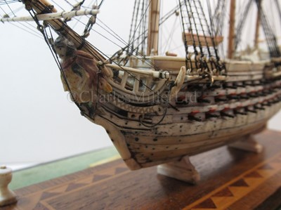 Lot 73 - A NAPOLEONIC FRENCH PRISONER-OF-WAR BONE MODEL FOR THE 74-GUN FRIGATE ILLUSTRIOUS, CIRCA 1810