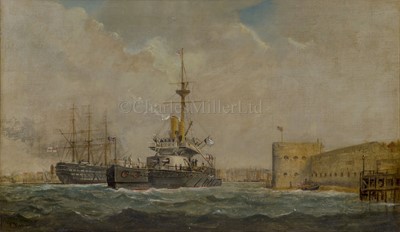 Lot 98 - E. ROBINS (BRITISH, ACT. 1882–1902): H.M.S. 'Dreadnought' passing the 'Duke of Wellington' off Portsmouth, circa 1884