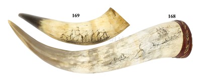 Lot 168 - A SCRIMSHAW DECORATED COW'S HORN