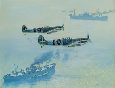 Lot 144 - δ BRIAN WITHAMS (BRITISH, BORN 1932): Spitfires on patrol