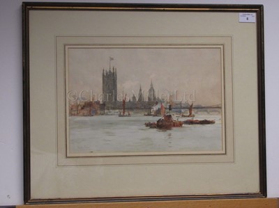 Lot 8 - CHARLES DIXON (BRITISH, 1872-1934): Shipping on the River Thames with the Palace of Westminster and Lambeth Bridge beyond