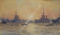 Lot 80 - δ GUY STANDING (BRITISH, 20TH CENTURY) - Battlecruisers at dusk