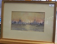 Lot 80 - δ GUY STANDING (BRITISH, 20TH CENTURY) - Battlecruisers at dusk