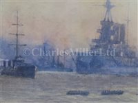 Lot 80 - δ GUY STANDING (BRITISH, 20TH CENTURY) - Battlecruisers at dusk
