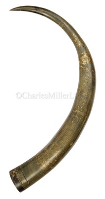 Lot 167 - A SCRIMSHAW DECORATED COW'S HORN COMMEMORATING TRAFALGAR AND ATTRIBUTED TO CHARLES WOOD, CIRCA 1860