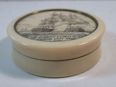 Lot 53 - Ø AN EARLY 19TH CENTURY IVORY AND TORTOISESHELL SNUFF BOX COMMEMORATING THE GLORIOUS 1ST OF JUNE, 1794
