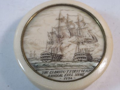 Lot 53 - Ø AN EARLY 19TH CENTURY IVORY AND TORTOISESHELL SNUFF BOX COMMEMORATING THE GLORIOUS 1ST OF JUNE, 1794