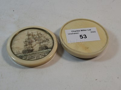 Lot 53 - Ø AN EARLY 19TH CENTURY IVORY AND TORTOISESHELL SNUFF BOX COMMEMORATING THE GLORIOUS 1ST OF JUNE, 1794