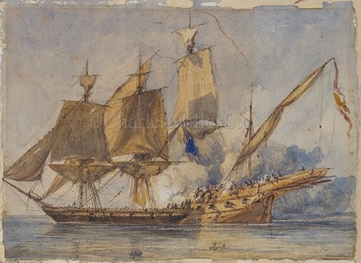 Lot 62 - JOHN WILSON CARMICHAEL (BRITISH, 1800-1868) The capture of 'El Gamo' (32) by H.M.S. 'Speedy' (14)