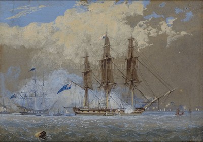 Lot 83 - ATTRIBUTED TO NICHOLAS CONDY (BRITISH, 1793-1857) The arrival of George IV aboard R.Y. 'Royal George', Weymouth, circa 1820