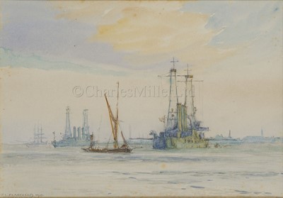 Lot 104 - F..L. BLANCHARD (BRITISH, 19TH/20TH CENTURY) U.S.S. 'Vermont' and U.S.S. 'Minnesota' off Gravesend, 1910