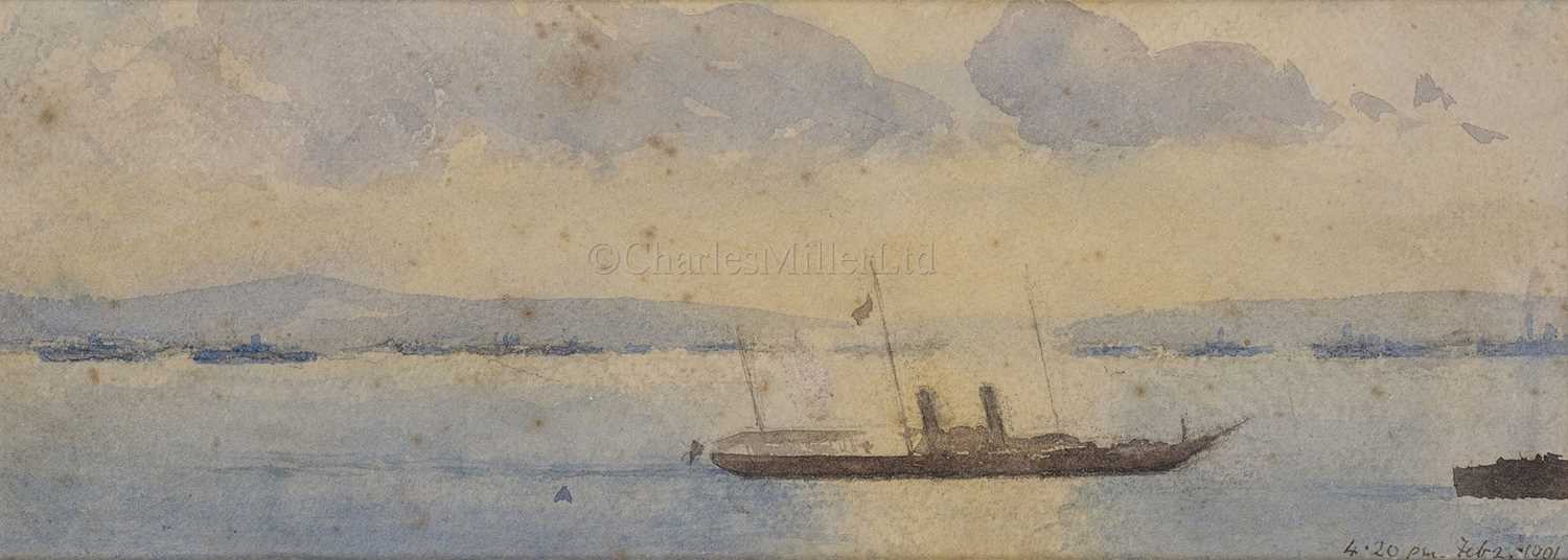Lot 94 - ATTRIBUTED TO WILLIAM LIONEL WYLLIE (BRITISH, 1851-1931): Queen Victoria's last journey: H.M.Y. 'Alberta' crossing the Solent, 4:20pm, 2nd February 1901