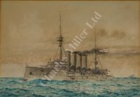 Lot 76 - δ W.J. SUTTON (BRITISH, 20TH CENTURY): The cruisers H.M.S. 'Cressy' [1899-1914] and H.M.S. 'Devonshire' [1904-1921], a pair