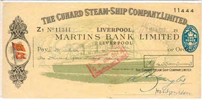 Lot 93 - A CUNARD STEAM-SHIP COMPANY LTD  CHEQUE
