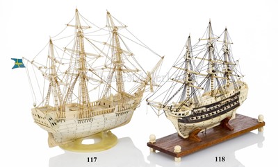 Lot 118 - Ø AN EARLY 19TH CENTURY FRENCH PRISONER-OF-WAR SHIP MODEL WITH LATER RESTORATIONS