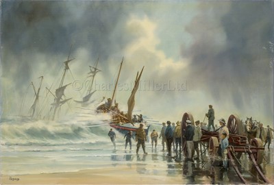Lot 61 - GEOFFREY HUBAND (BRITISH, B. 1945): Launching the lifeboat