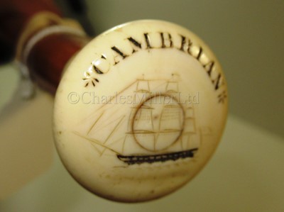 Lot 104 - Ø A 19TH CENTURY MALACCA AND MARINE IVORY WALKING STICK COMMEMORATING THE WHALER CAMBRIAN