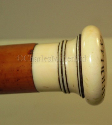 Lot 104 - Ø A 19TH CENTURY MALACCA AND MARINE IVORY WALKING STICK COMMEMORATING THE WHALER CAMBRIAN
