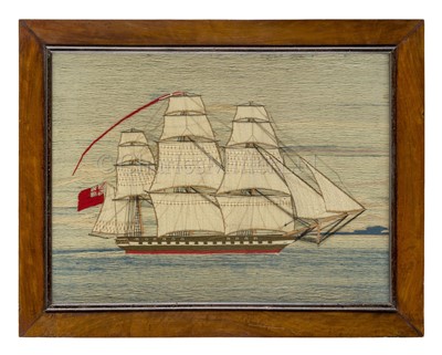 Lot 110 - A FINE 19TH CENTURY SAILOR'S WOOLWORK PICTURE OF A MAN-O'-WAR