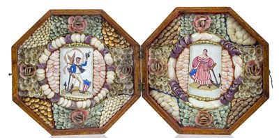 Lot 22 - A RARE AMERICAN DOUBLE SHELLWORK VALENTINE WITH SAILOR'S WATERCOLOUR INSERTS, CIRCA 1840