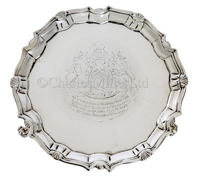 Lot 104 - A RARE PRESENTATION SALVER COMMEMORATING THE LAUNCH OF H.M.S. CAPTAIN, 1743
