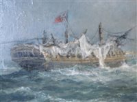 Lot 52 - δ RICHARD WILLIS (BRITISH, B. 1924) - A naval engagement between H.M.S. 'Guerriere' and U.S.S. 'Constitution’ off the coast of Nova Scotia, 19th August 1812