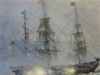 Lot 52 - δ RICHARD WILLIS (BRITISH, B. 1924) - A naval engagement between H.M.S. 'Guerriere' and U.S.S. 'Constitution’ off the coast of Nova Scotia, 19th August 1812