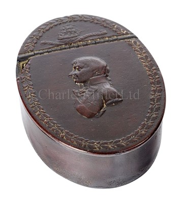 Lot 143 - A NELSON & TRAFALGAR PAPIER-MÂCHÉ SNUFFBOX, CIRCA 1806