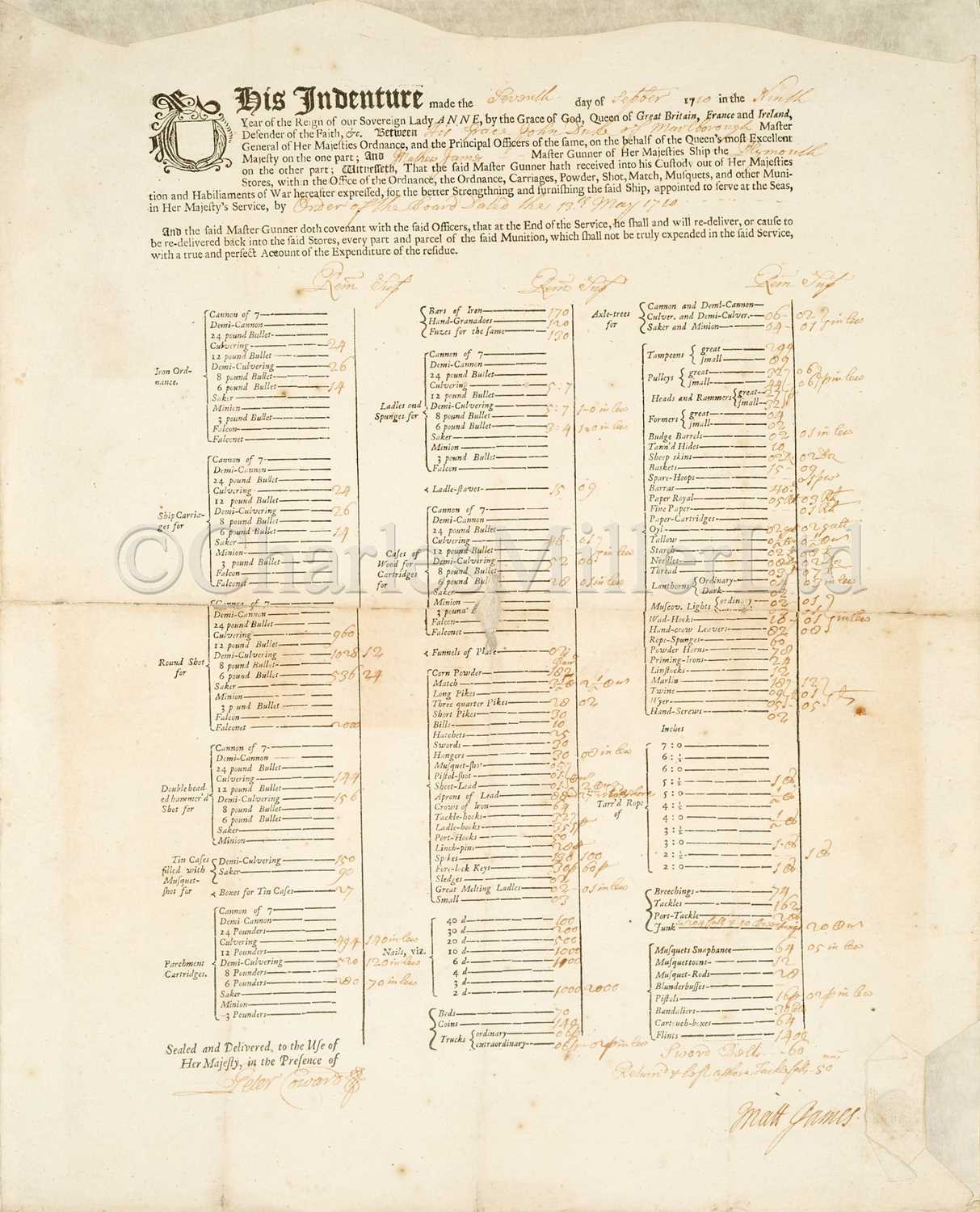 Lot 173 - A RARE GUNNER'S INDENTURE, 1709