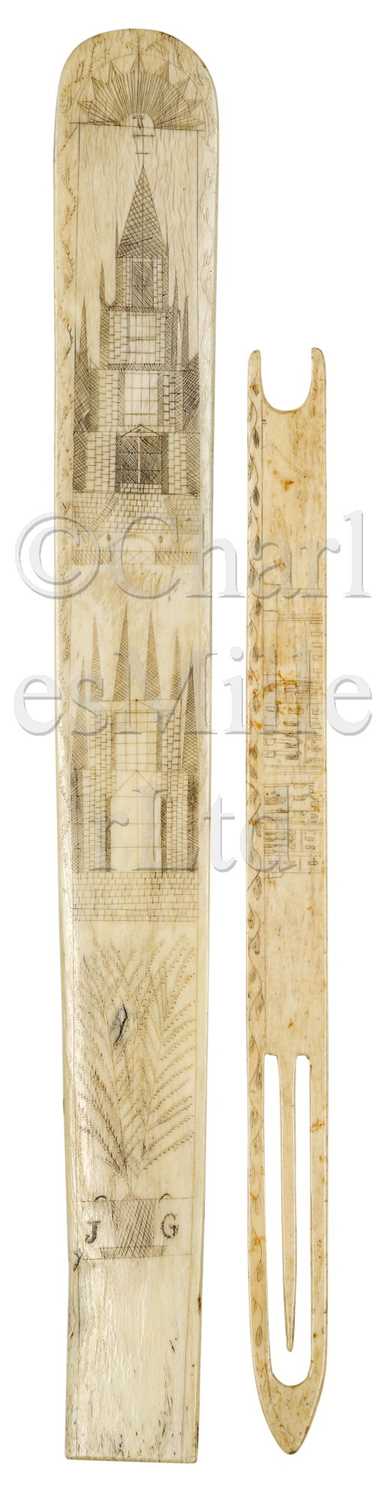 Lot 106 - Ø A RARE SCRIMSHAW DECORATED WHALEBONE NET REPAIRER, CIRCA 1850