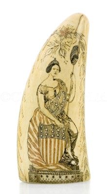 Lot 112 - Ø A FINE AMERICAN SAILORWORK SCRIMSHAW DECORATED WHALE'S TOOTH, CIRCA 1840