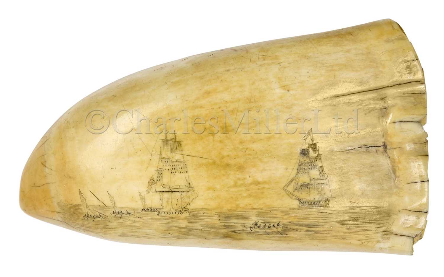 Lot 114 - Ø A BRITISH SAILORWORK SCRIMSHAW DECORATED WHALE'S TOOTH, CIRCA 1825