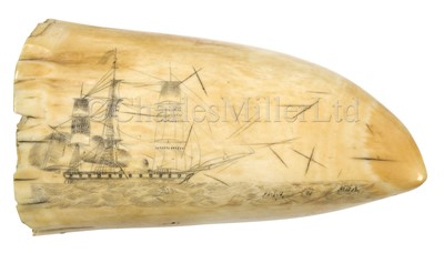 Lot 114 - Ø A BRITISH SAILORWORK SCRIMSHAW DECORATED WHALE'S TOOTH, CIRCA 1825
