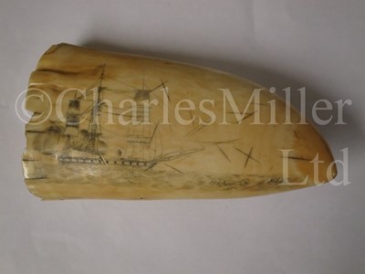 Lot 114 - Ø A BRITISH SAILORWORK SCRIMSHAW DECORATED WHALE'S TOOTH, CIRCA 1825
