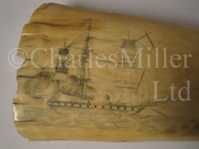 Lot 114 - Ø A BRITISH SAILORWORK SCRIMSHAW DECORATED WHALE'S TOOTH, CIRCA 1825