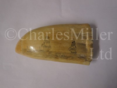 Lot 114 - Ø A BRITISH SAILORWORK SCRIMSHAW DECORATED WHALE'S TOOTH, CIRCA 1825