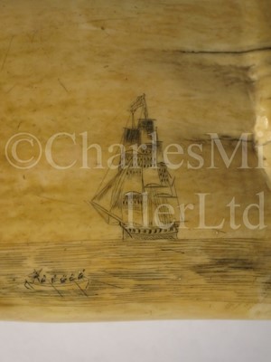 Lot 114 - Ø A BRITISH SAILORWORK SCRIMSHAW DECORATED WHALE'S TOOTH, CIRCA 1825