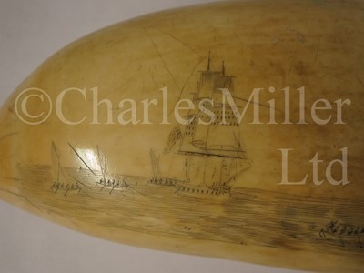 Lot 114 - Ø A BRITISH SAILORWORK SCRIMSHAW DECORATED WHALE'S TOOTH, CIRCA 1825