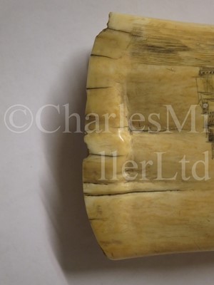 Lot 114 - Ø A BRITISH SAILORWORK SCRIMSHAW DECORATED WHALE'S TOOTH, CIRCA 1825