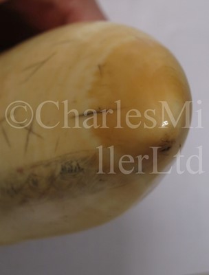 Lot 114 - Ø A BRITISH SAILORWORK SCRIMSHAW DECORATED WHALE'S TOOTH, CIRCA 1825